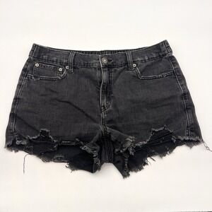 AERIE Black Jean Shorts Womens Medium Elastic Waist Distressed Frayed Cut Off